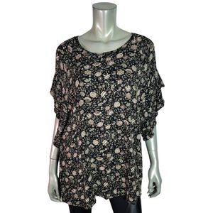 Maurices Top Plus Size 1X Flutter Sleeve Crew Neck Floral Stretch Casual‎ Black